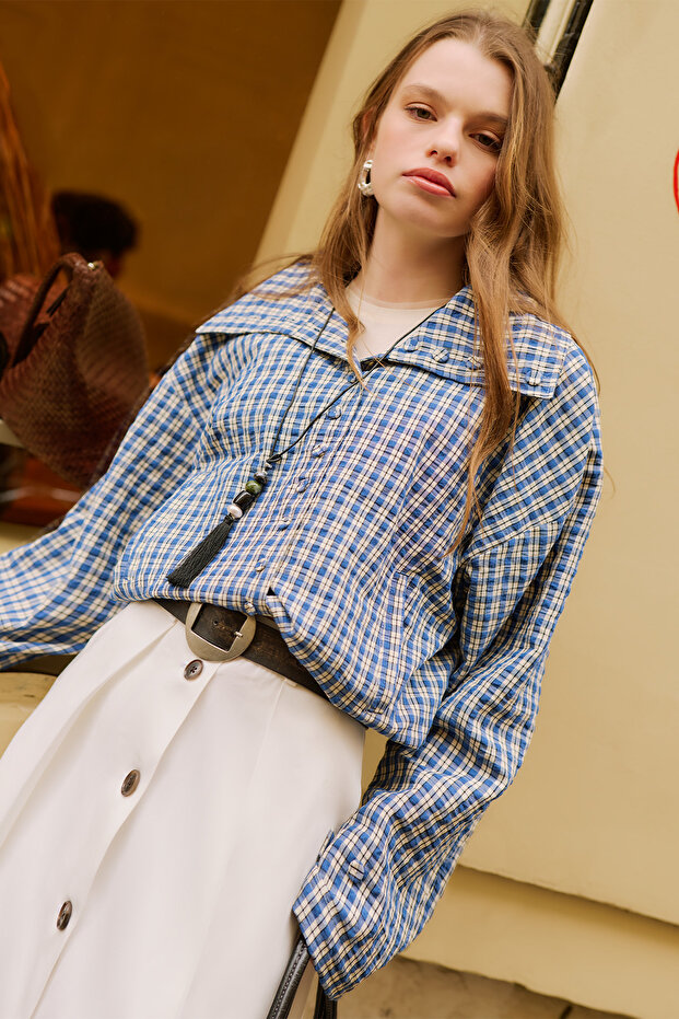 High Collar Detailed Shirt with Blue Checks