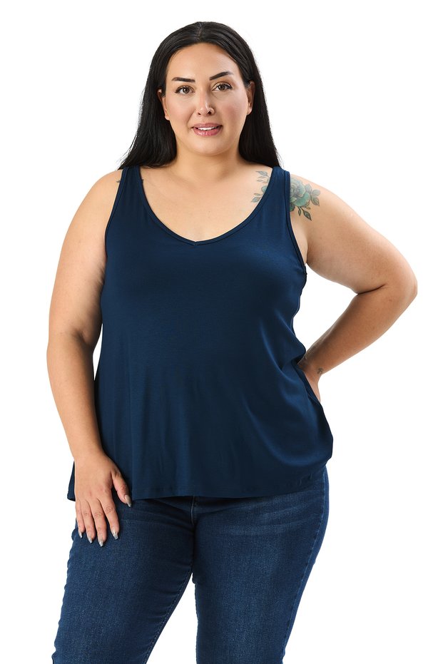 Plus Size V-Neck Flared Cut Navy Blue Blouse
