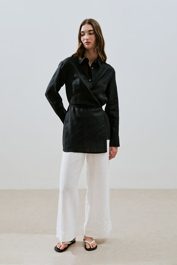 Linen Tie Detail Shirt Black