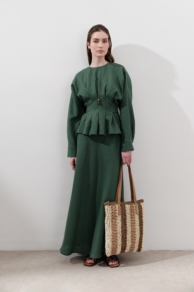 Linen Stitching Detail Skirt Petrol