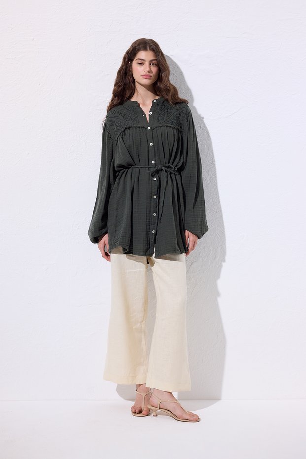 Muslin Embroidered Shirt Dark Green