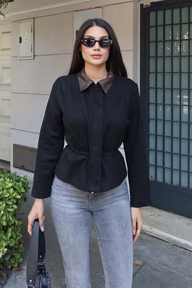 Suede Fabric Leather Collar Jacket Black