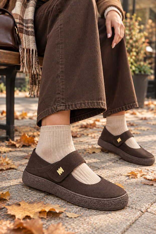 Genuine Leather Brown Suede Women's Leather Velcro Ballerinas Dp87-0182