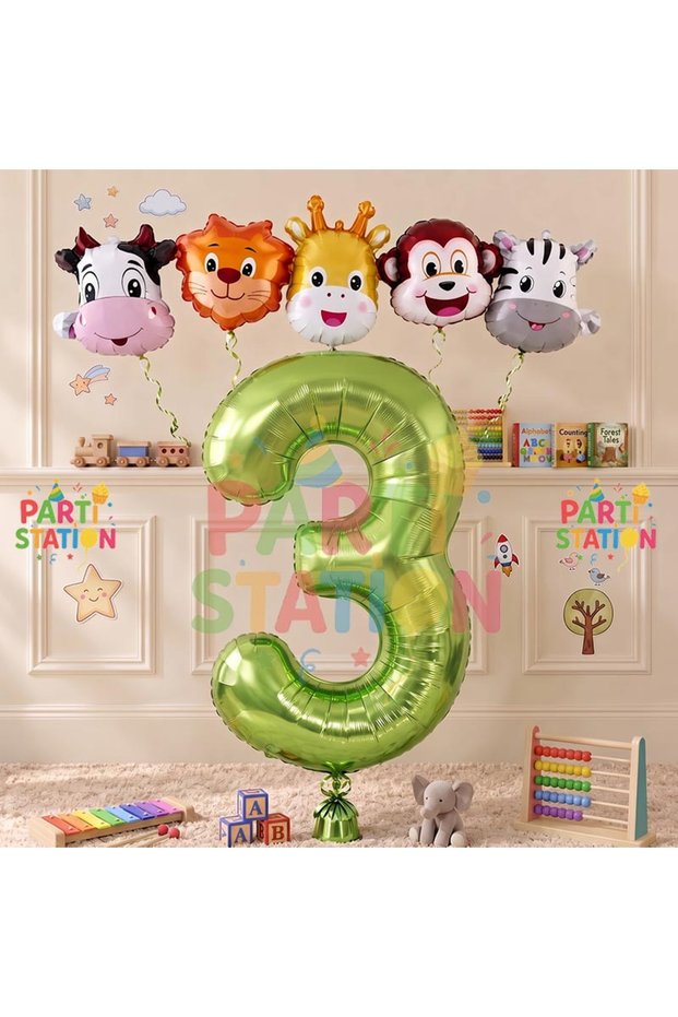 Green Color Number Balloon Safari 3 Years Birthday Party Balloon Set Safari Animals Theme Party