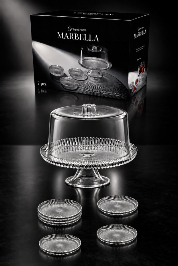 Marbella - 7 Piece Glass Cake Set with Plastic Covers, Footed Cake Pan 19 cm + 6 Cake Plates 12 cm