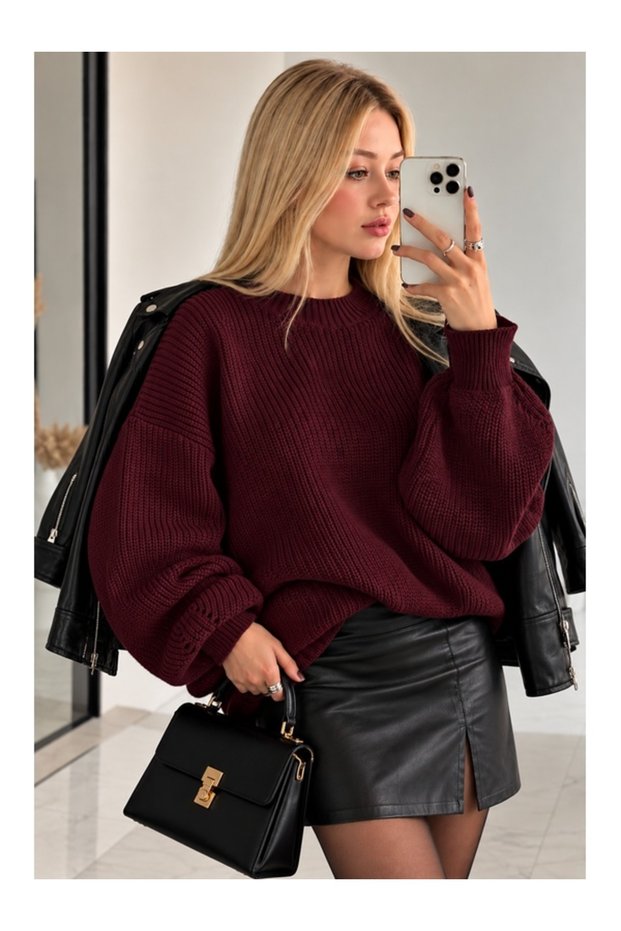 Burgundy Crew Neck Oversized Women's Knit Sweater