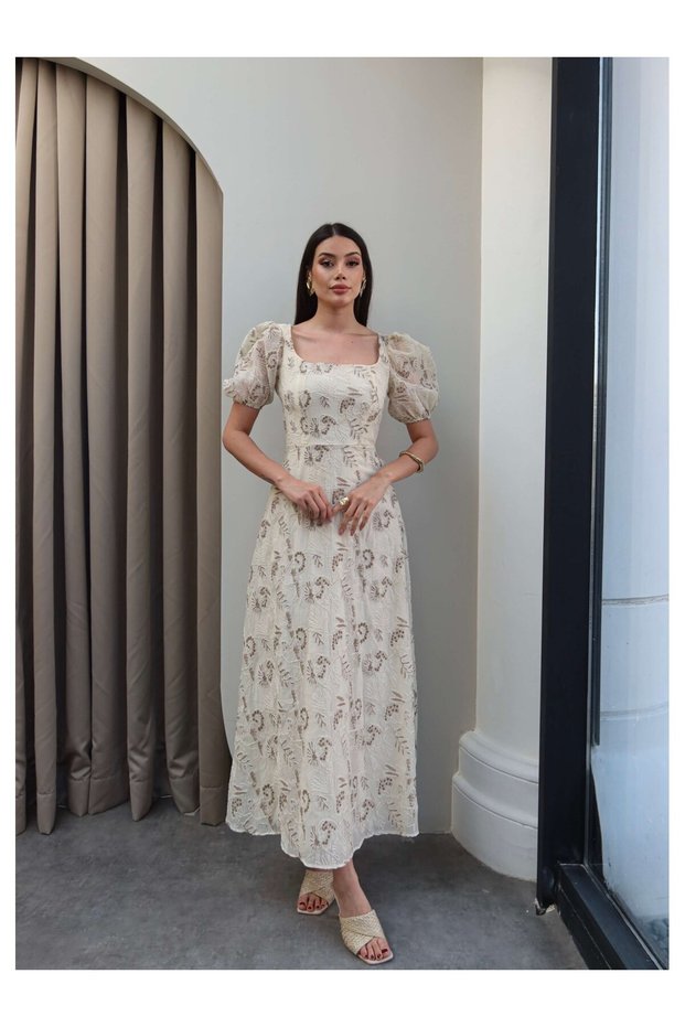 Square Neck Balloon Sleeve Embroidered Dress