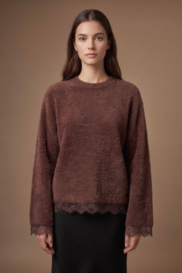 Women's Crew Neck Lace Wide Sleeve Soft Beard Sweater
