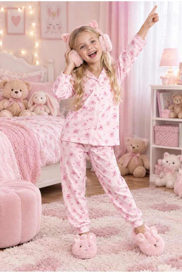 Pink Front Buttoned Girls' Pajama Set (Read the Size Information)