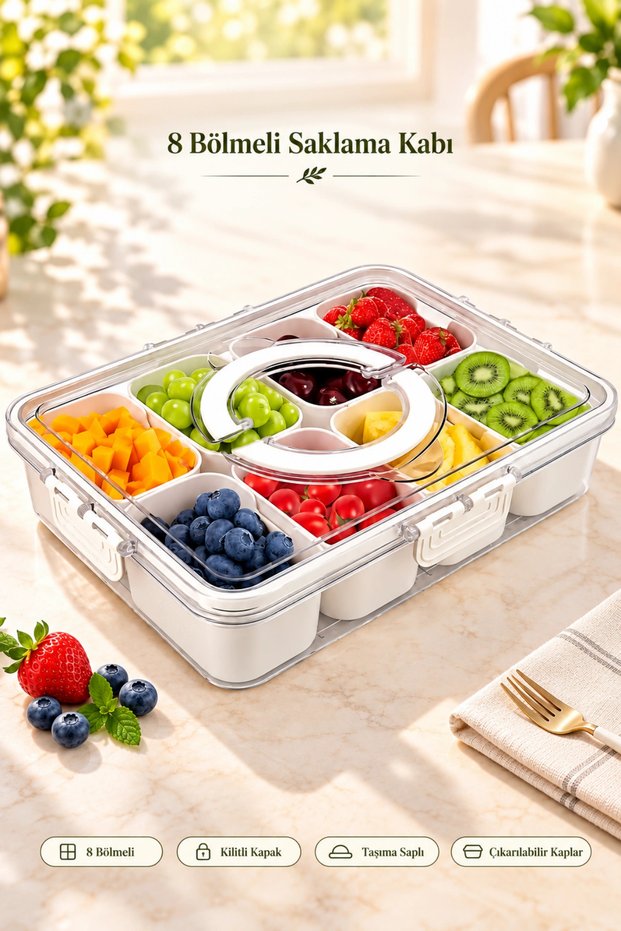 8 Compartment Portable Lock Lid Storage Container Breakfast Organizer Picnic Set Food Box