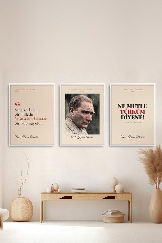 3-Piece Set of Ataturk Portrait and Quotes Framed Paintings Living Room Study Room Wall Decoration Triata05