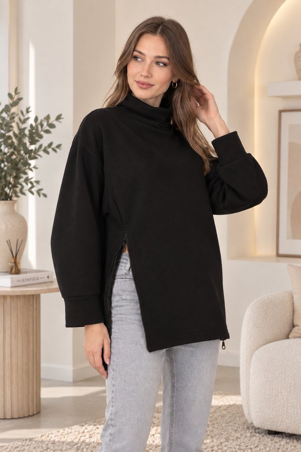 Myra4280 Turtleneck Sweatshirt with Side Zipper - Black