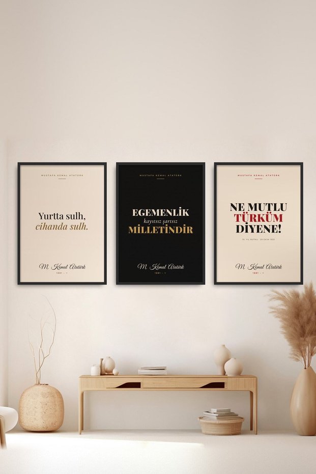 3-Piece Set of Framed Ataturk Quotes Paintings: Sovereignty Is a National Matter, Office Wall Decoration Triata01