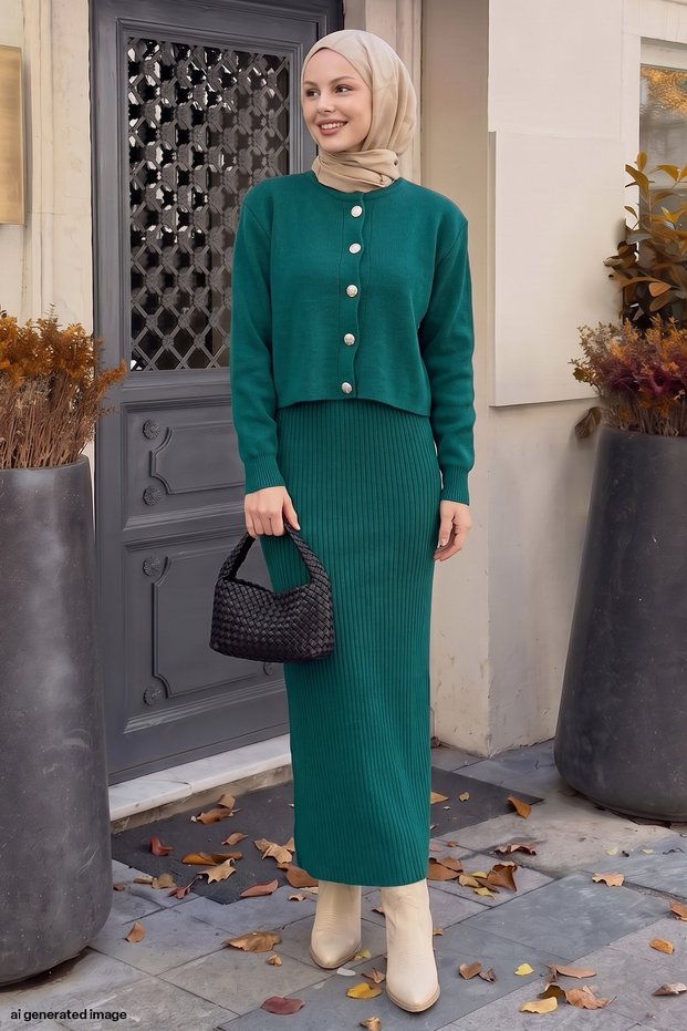 Cardigan Ribbed Double Emerald Green Knitwear Set