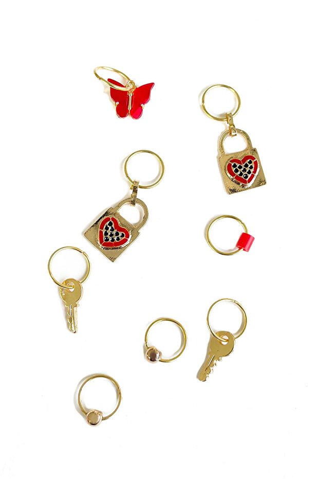 Red Dreams Butterfly and Heart Figured Hair Earrings Set 8 Pieces