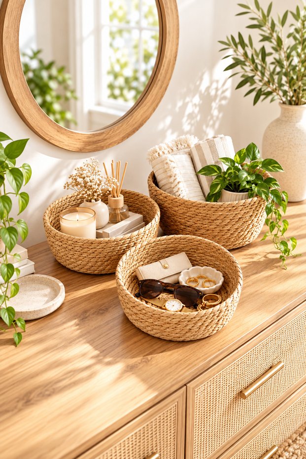 Natural Wicker Knitted 3-Piece Natural Striped Multi-Purpose Wicker Basket/Bathroom Organizer