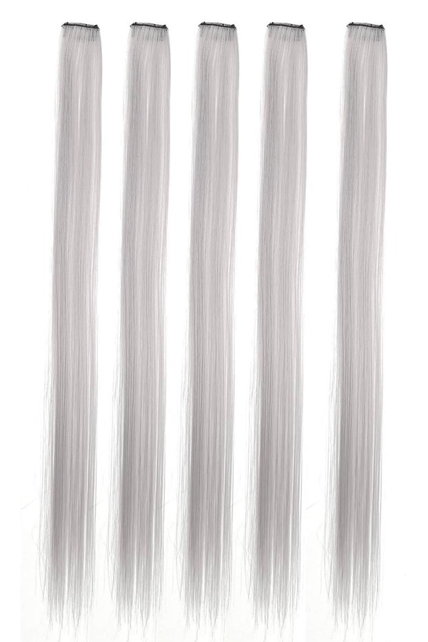 Long Straight Synthetic Hair Extension Snap-In Hairpiece - 5 Pack Gray