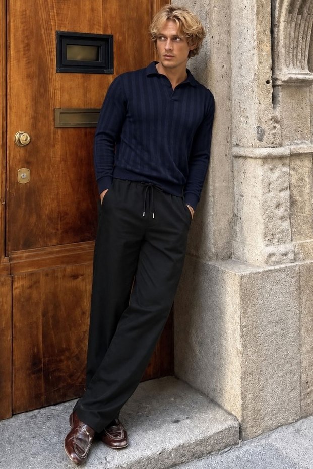 Men's Black Wide Leg Tie Waist Trousers E7403
