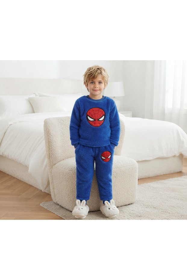 Boy's Suit Fleece Winter Spiderman Model Plush Bottom Top Set