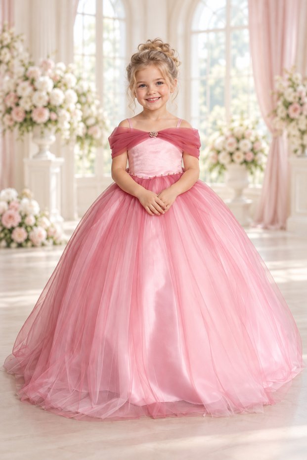 Girl's Pink Collar, Brooch and Tarlatab Fluffy Princess Evening Dress