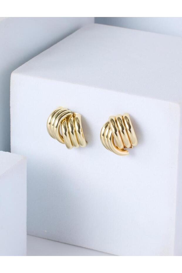 Gold Color Line Detailed Multi-Row Figured Earrings