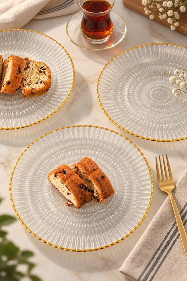 Selen Glass Cake Plate - Gold Gilded Edge - 4 Pieces • Presentation Tableware Kitchen Dinnerware Set Serving Plate Glass Plate Presentation Plate Kitchen Dowry & Gift Plates Glass Kitchenware Glass Utensils