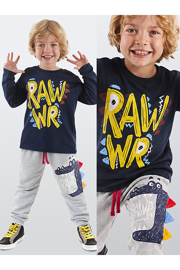 Boys Winter Dinosaur Patterned Cotton Navy Blue Long Sleeve 2-Piece T-Shirt Trousers Set 2-8 Years