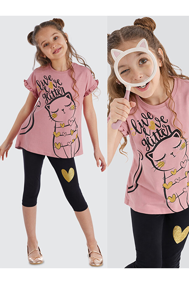 Ruffled Love Cat Pink Black Girl's Summer T-Shirt Tights Set