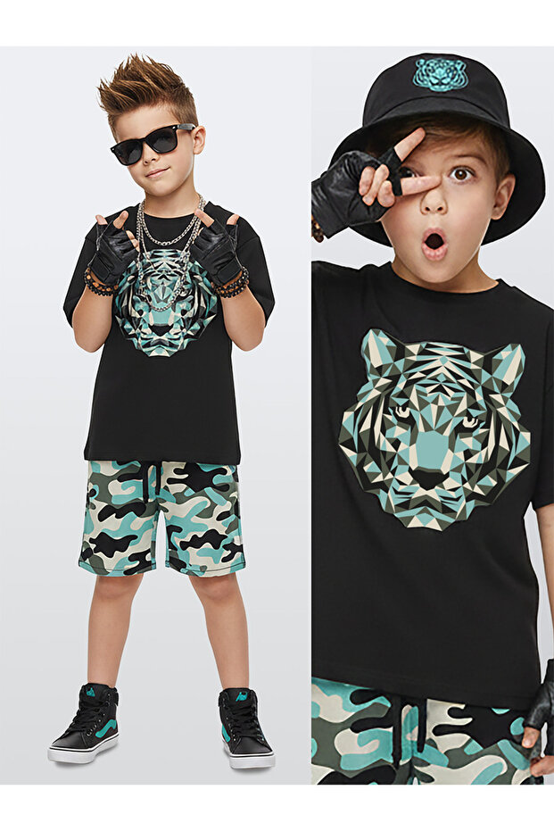 Boy's Set Tiger Printed 100% Cotton T-Shirt Shorts Summer Set