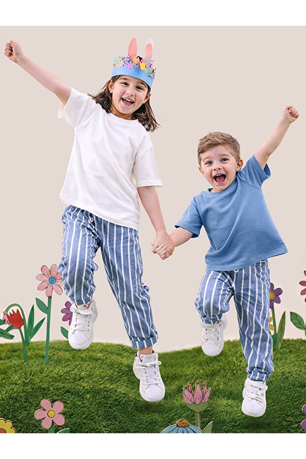 Blue Striped Woven Unisex Girls' and Boys' Woven Trousers Spring-Summer 2-8 Years