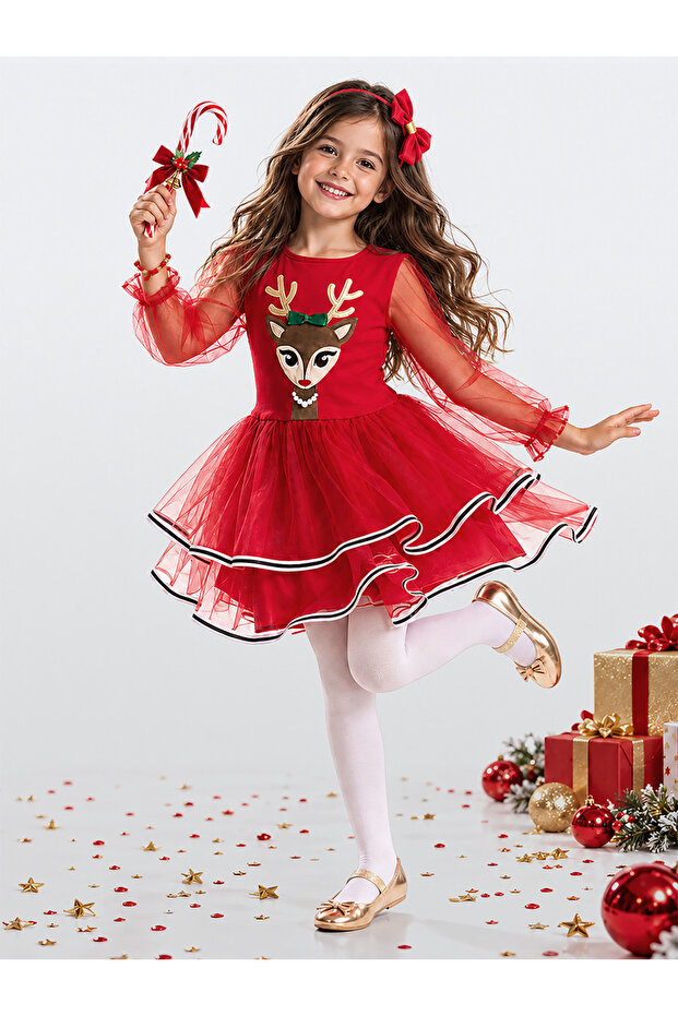 Girl's Christmas Deer Tulle Red Costume Dress – Ages 2-8