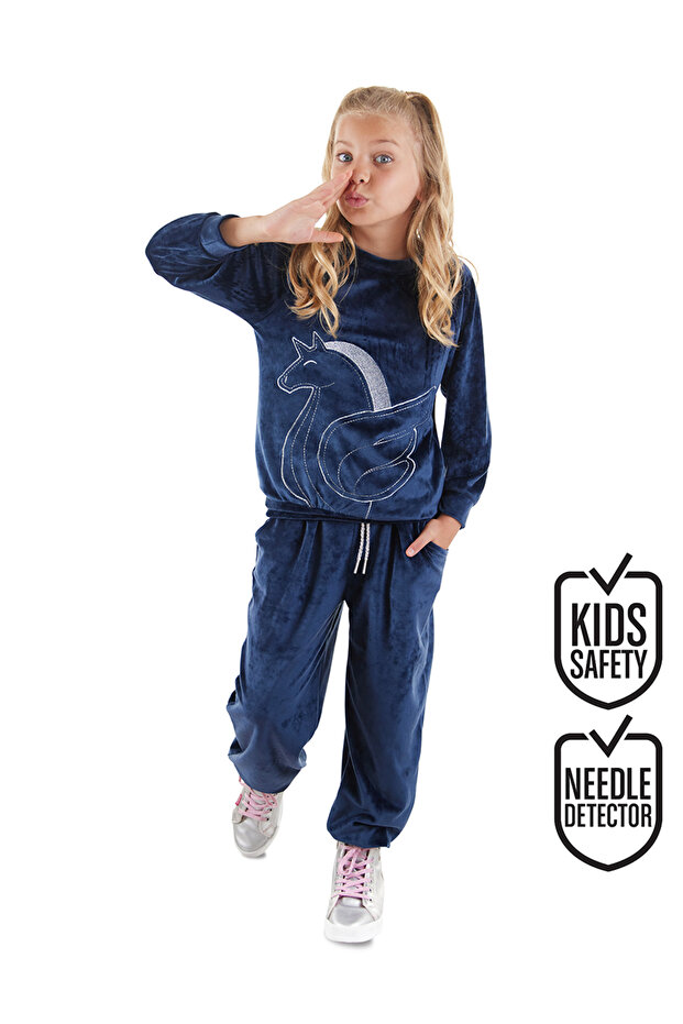 Navy Blue Velvet Unicorn Girl's Tracksuit