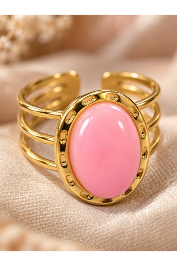 Pink Stone Oval Ring Gold Color Adjustable Women's Ring
