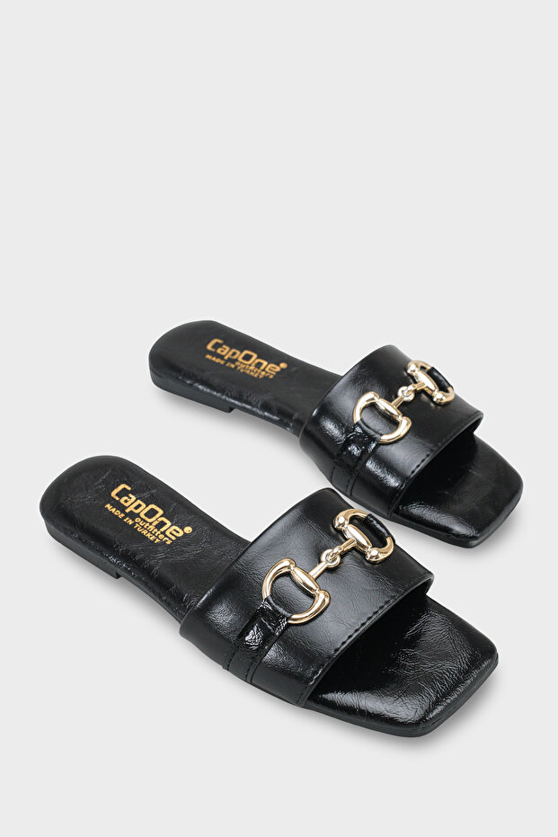 Women's Short Heeled Slippers with Metal Look Accessories and Single Strap