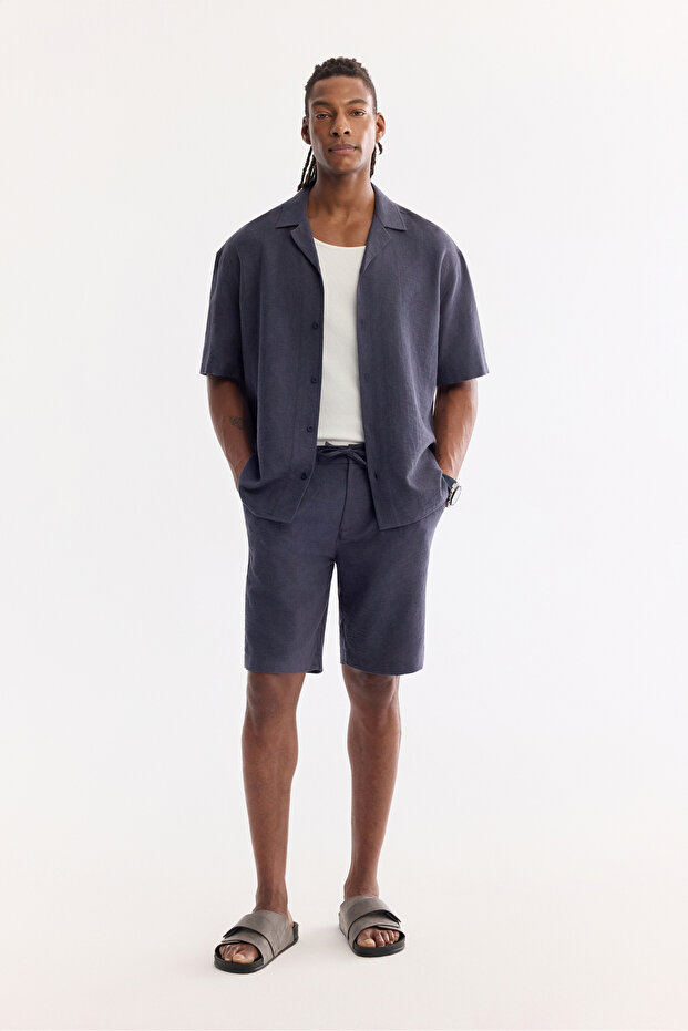 Men's Navy Blue Elastic Waist Lace-Up Cotton Relaxed Fit Shorts A61Y3700