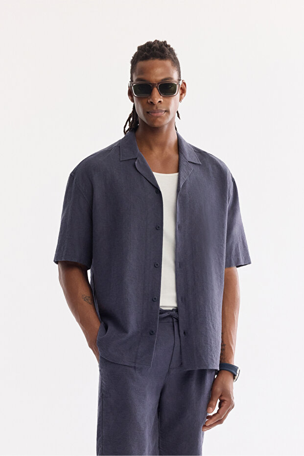 Men's Navy Blue Apaj Collar Cotton Breathable Short Sleeve Comfort Fit Shirt A61Y2011