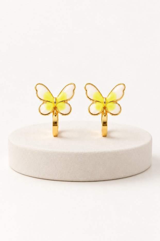 Butterfly Figured Holeless Ear Clip Earrings – Pink Enamel Gold Color Women's Ear Cuff Earrings (1 Pair)