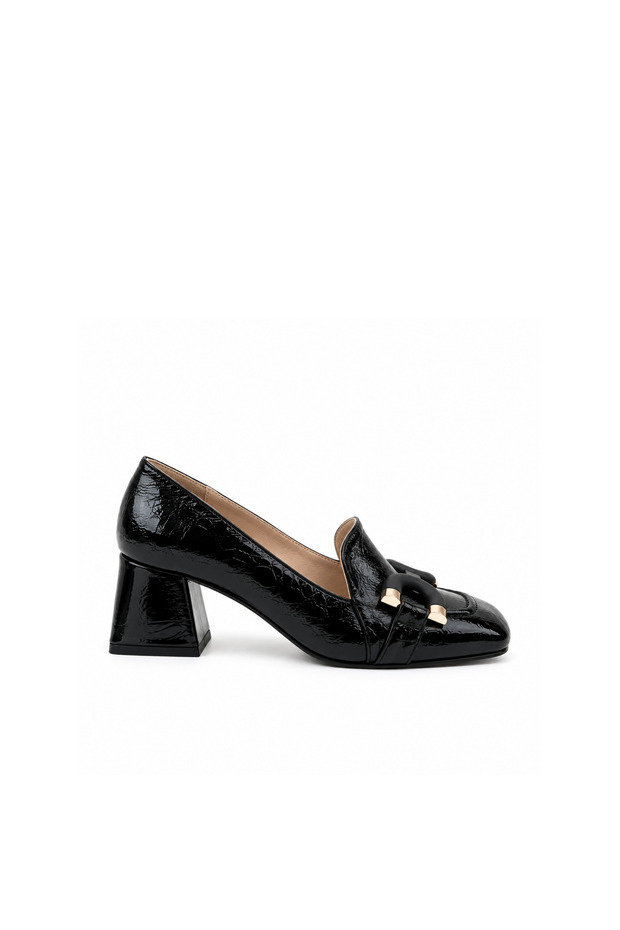 Black Patent Leather Women's Heeled Loafer Shoes