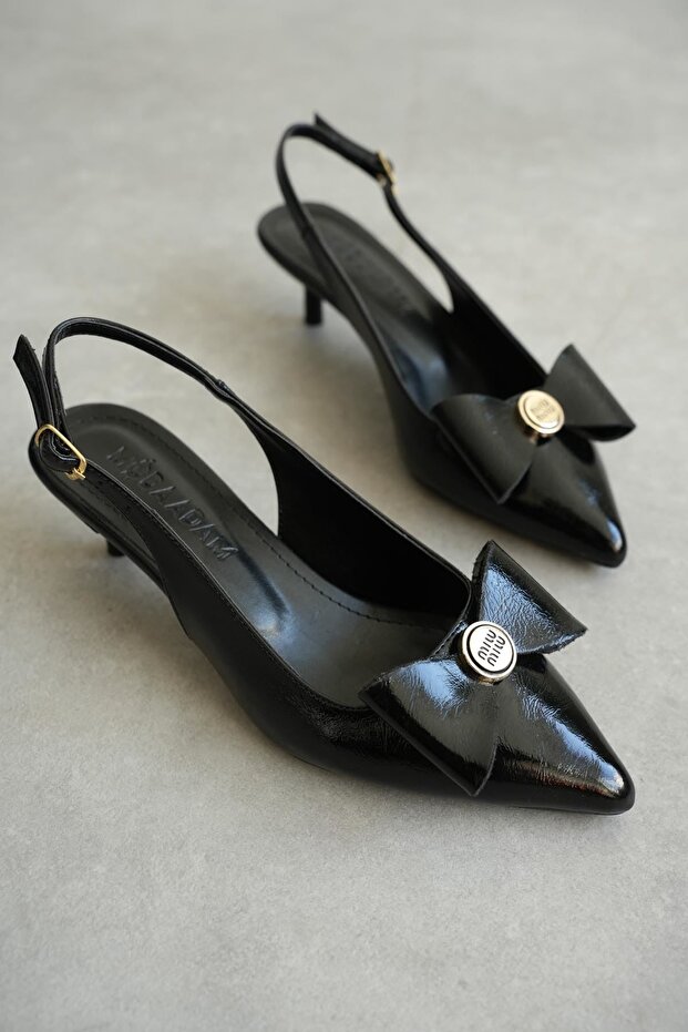 Women's Tesla Short Heeled Bow Tie Shoes - Black-Patent Leather