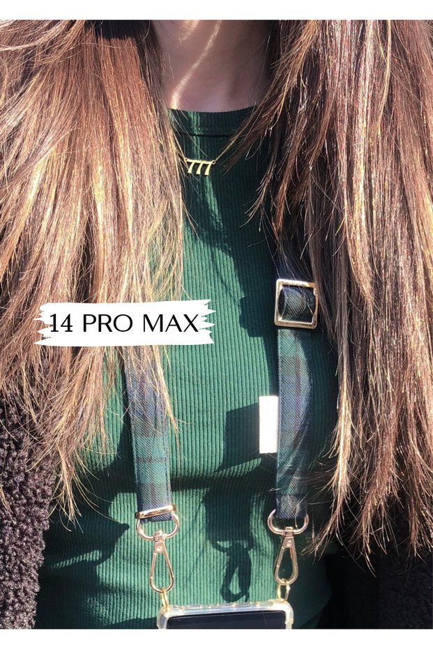 iPhone 14 Pro Max Plaid Phone Strap and Strap Phone Case Dark Green Plaid Gold