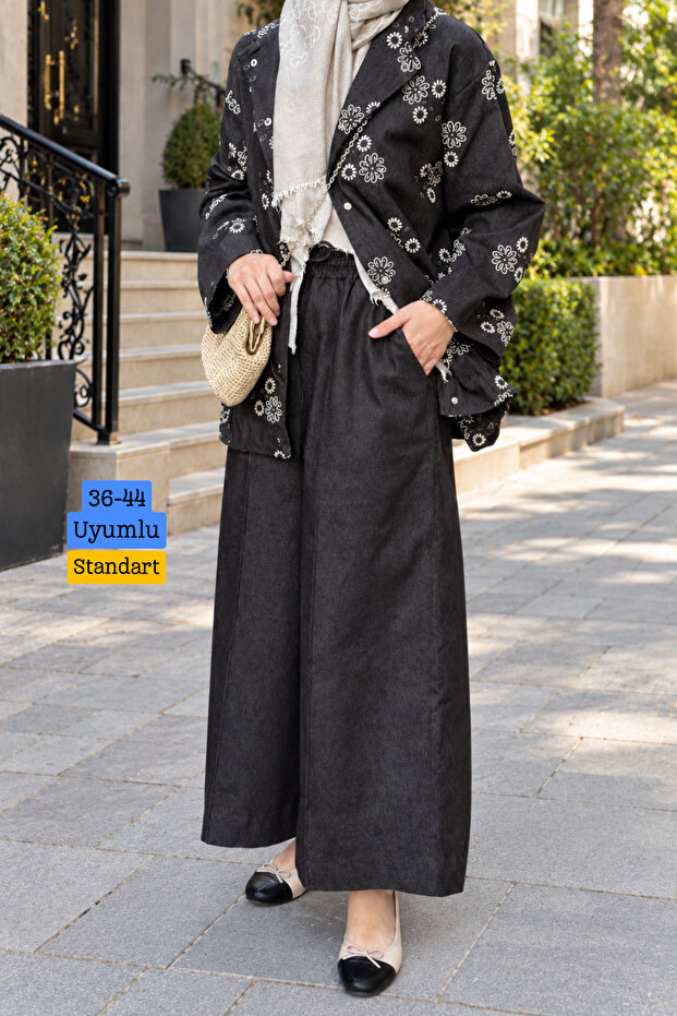 Women's Floral Patterned Oversize Jacket and Wide Leg Trousers Denim Hijab Set 3850 Black - Premium Series