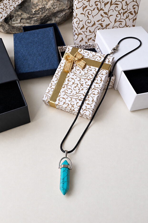 Prism Turquoise Natural Stone Necklace 50cm Leather Cord 2.1X2.5Cm Turquoise Natural Stone Pendant Gift Necklace