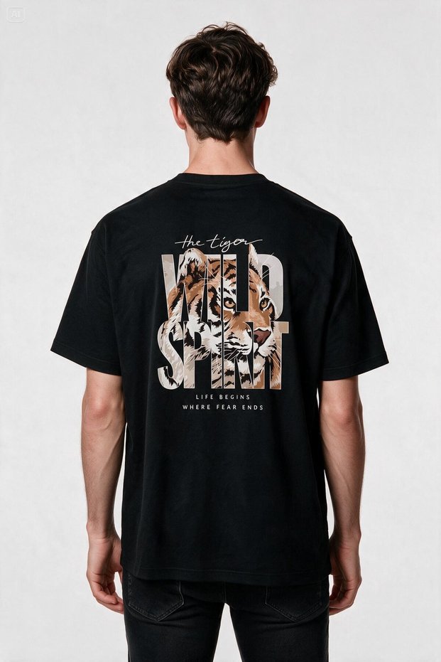 Oversize the Tiger Wild Spirit Tiger Printed Unisex T-Shirt Black