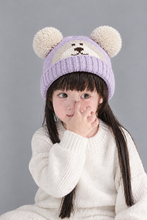 Lilac Teddy Bear Patterned Pompom Knitwear Unisex Baby Beanie – 0-2 Years Old Winter Warm Model