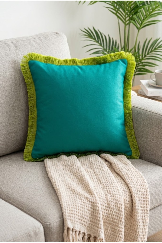 Green Background, Green Tassels 43X43Cm 1 Piece Square Throw Pillow Cover