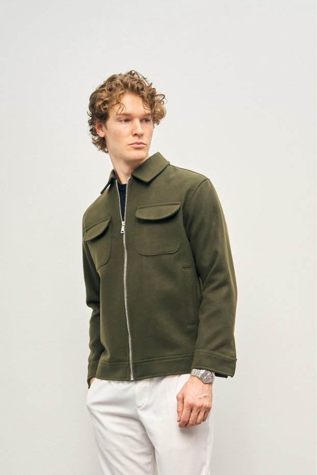 Shirt / Shirt with Collar, Zipper Front Pocket, Checked Coat-5554