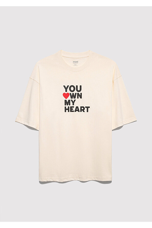 You Own My Heart Printed Ecru T-Shirt Oversize / Wide Cut 0613253-83043