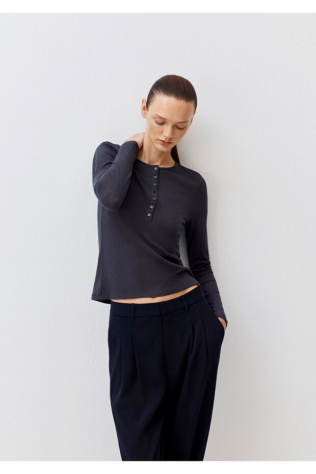 Wool Blend Button Detail Anthracite Long Sleeve T-Shirt Slim Fit / Narrow Cut 1613582-80932