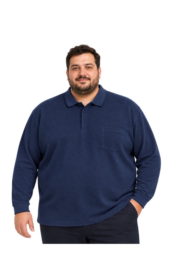 Men's Large Size Melange Navy Blue Polo Collar Piqué T-Shirt 3Xl-4Xl-5Xl-6Xl-7Xl-8Xl