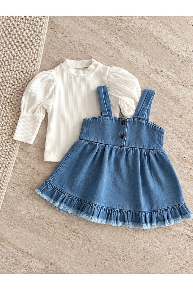 Tasseled Denim Pinafore Dress %100 Cotton Stretch Fabric Rib Knit Balloon Blouse Luxury Jean Girls' Baby Set